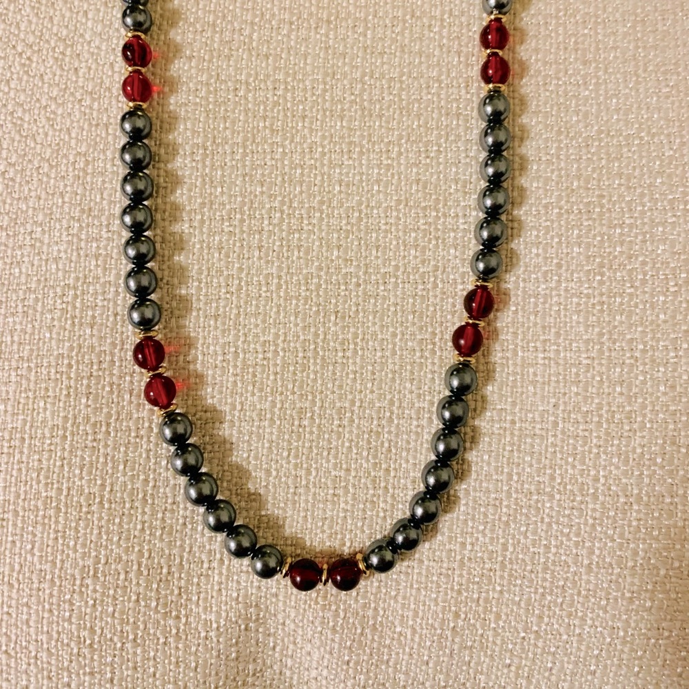 Vintage Grey and Red Beaded Necklace